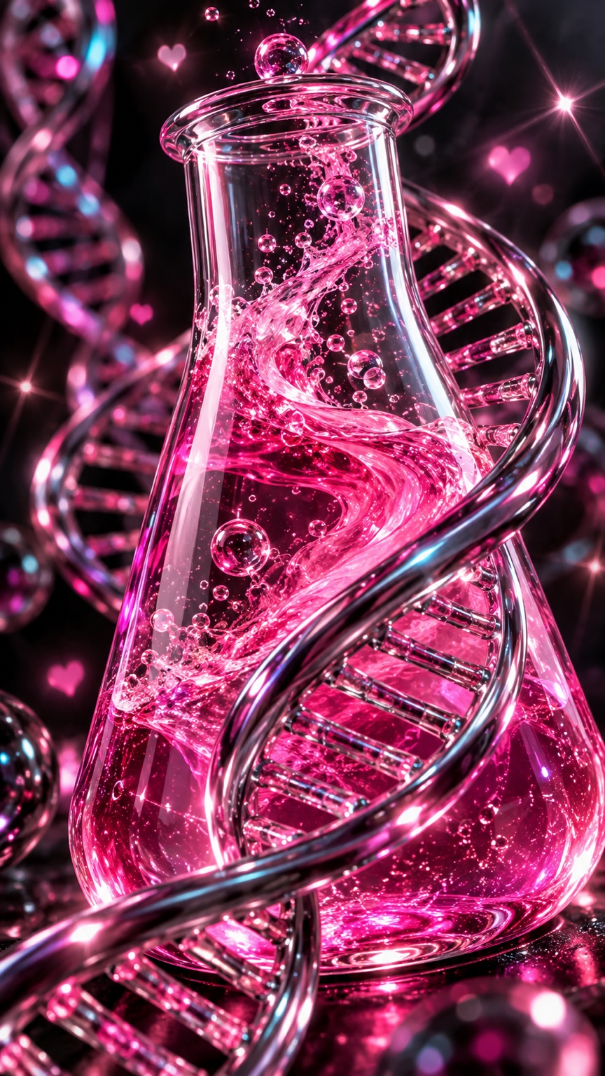 Pink glass laboratory flask surrounded by a DNA helix